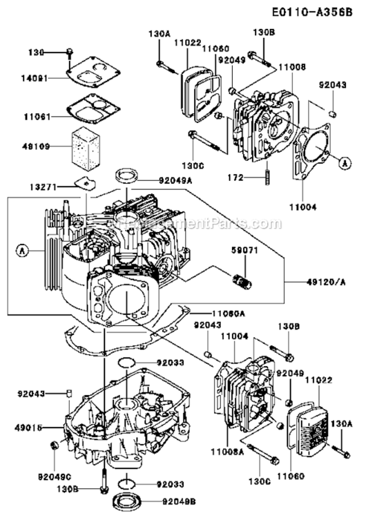 CylinderCrankcase Diagram and Parts List for FH500V CS38 Kawasaki Engine