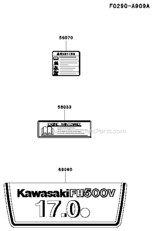Label Diagram and Parts List for FH500V CS38 Kawasaki Engine