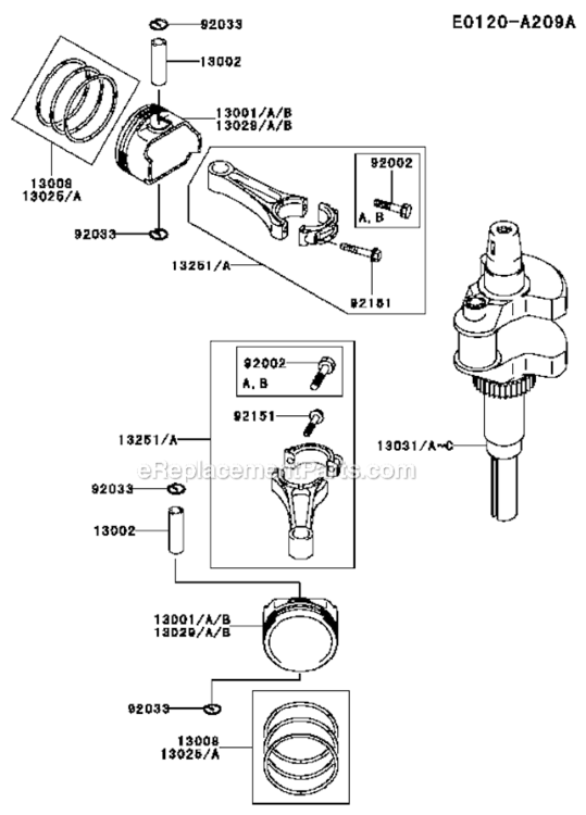 PistonCrankshaft Diagram and Parts List for FH680V-DS05  Kawasaki Engine