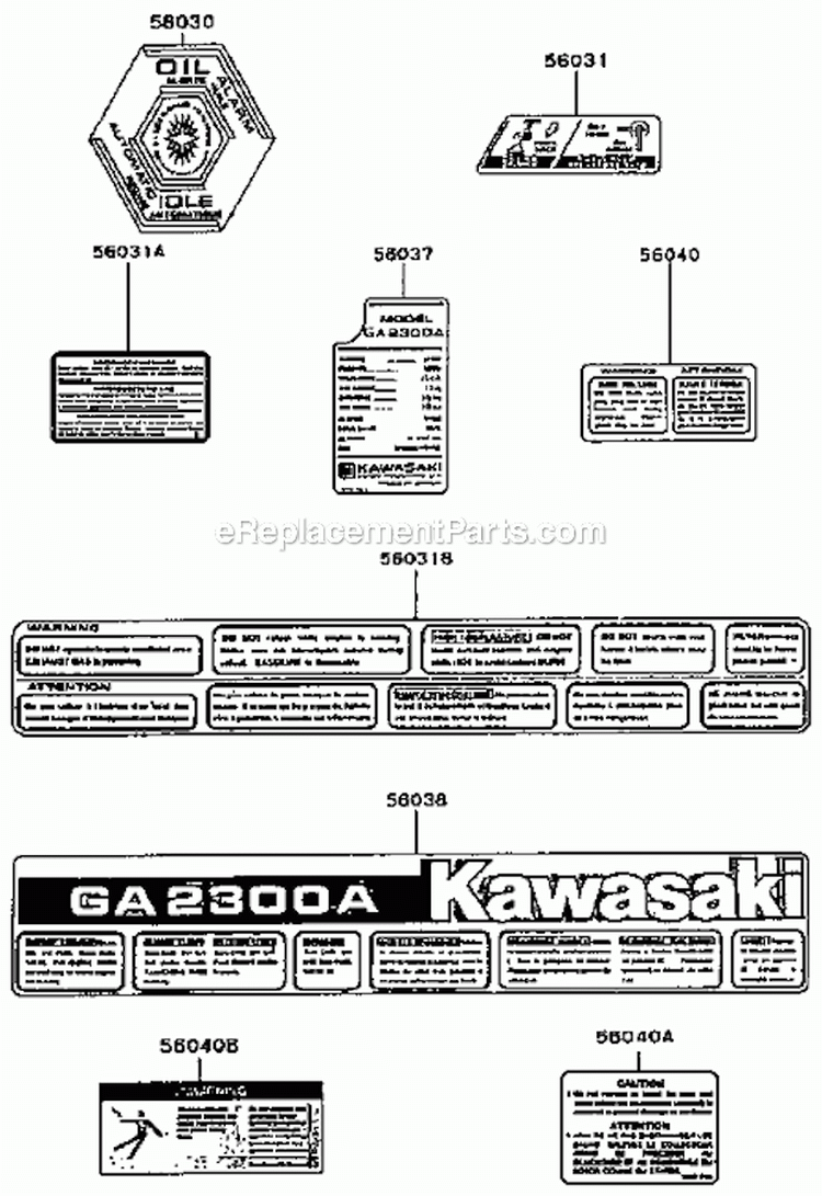 Label Diagram and Parts List for GA2300A-S00  Kawasaki Generator