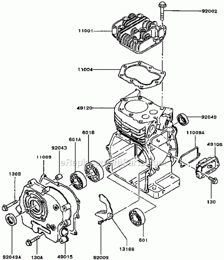 CylinderCrankcase Diagram and Parts List for GA2300A-S00  Kawasaki Generator