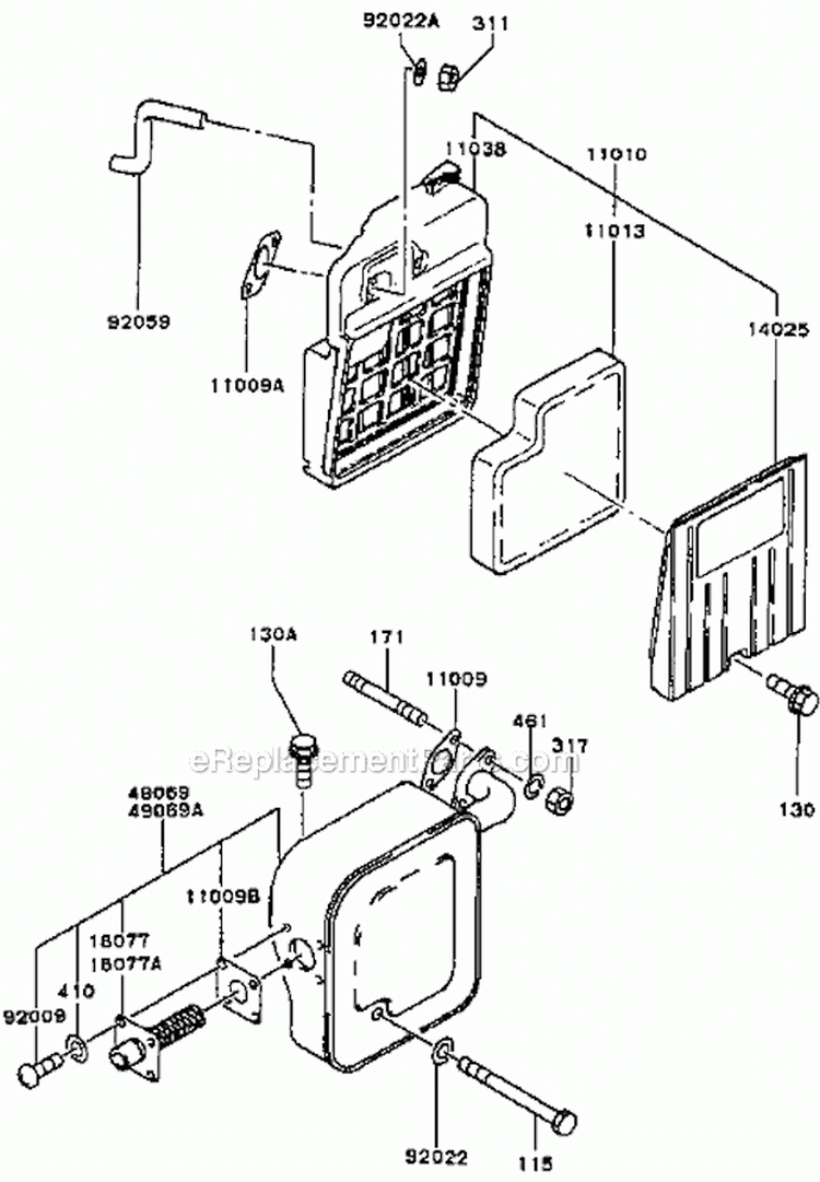 Air-FilterMuffler Diagram and Parts List for GA2300A-S00  Kawasaki Generator