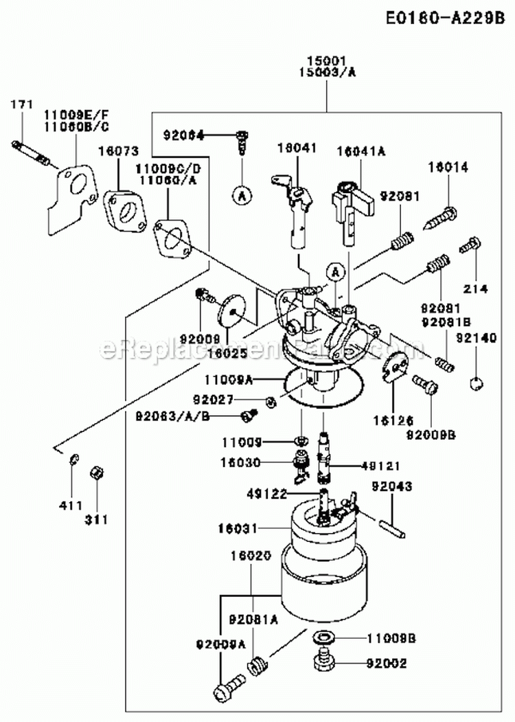 Carburetor Diagram and Parts List for GAT40A-S00  Kawasaki Generator
