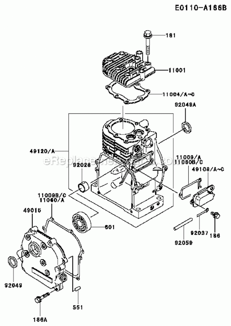 Cylinder-Crankcase Diagram and Parts List for GAT40A-S00  Kawasaki Generator