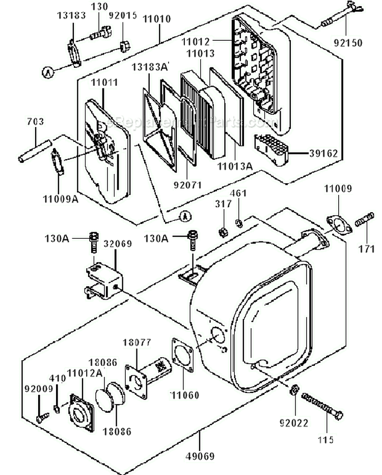A - Air Filter-Muffler Diagram and Parts List for GE5000A AS00 Kawasaki Generator