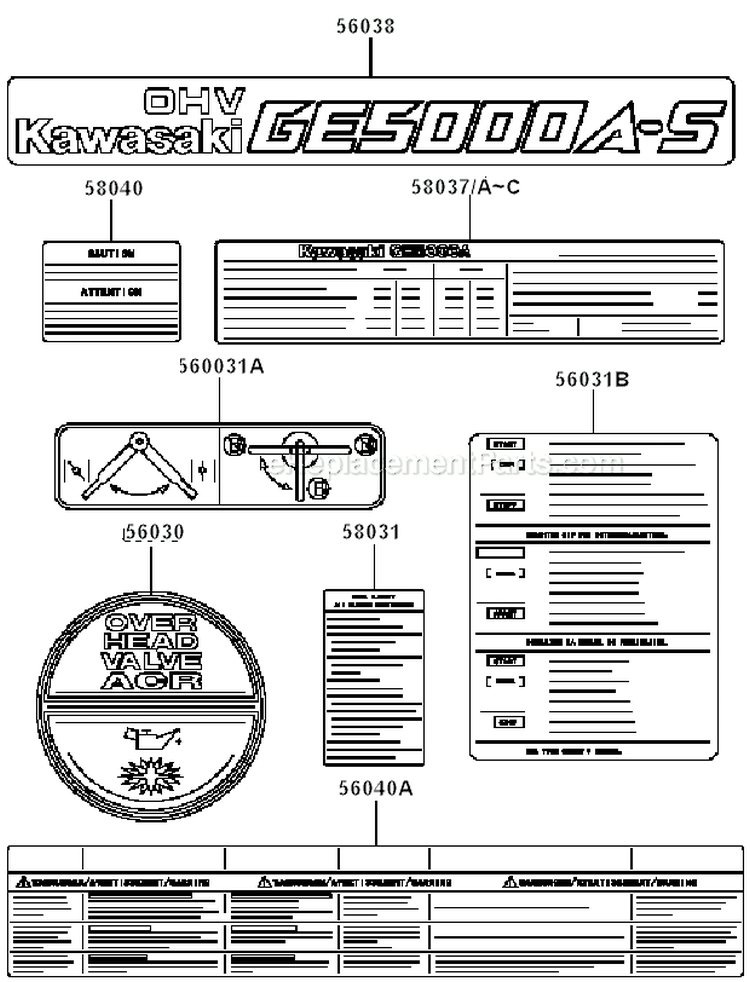 Label Diagram and Parts List for GE5000A AS00 Kawasaki Generator