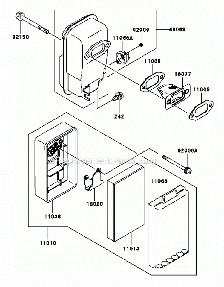 Air-FilterMuffler Diagram and Parts List for HG400A-AS02  Kawasaki Engine
