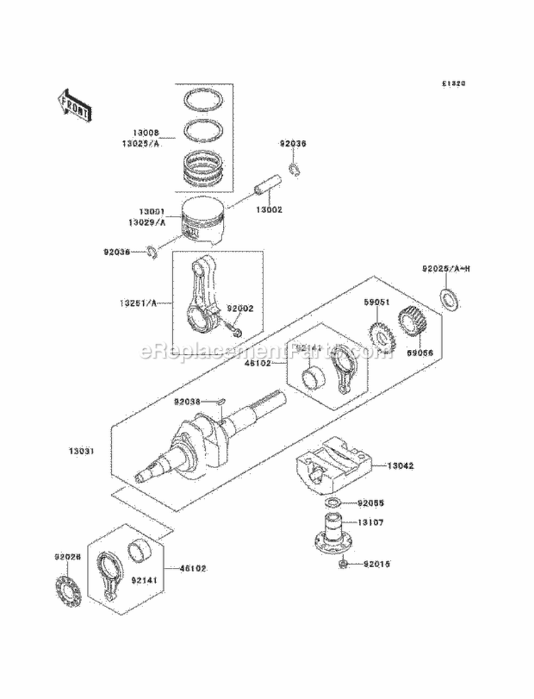Crankshaft/Piston Diagram and Parts List for KAF300-B1  Kawasaki 