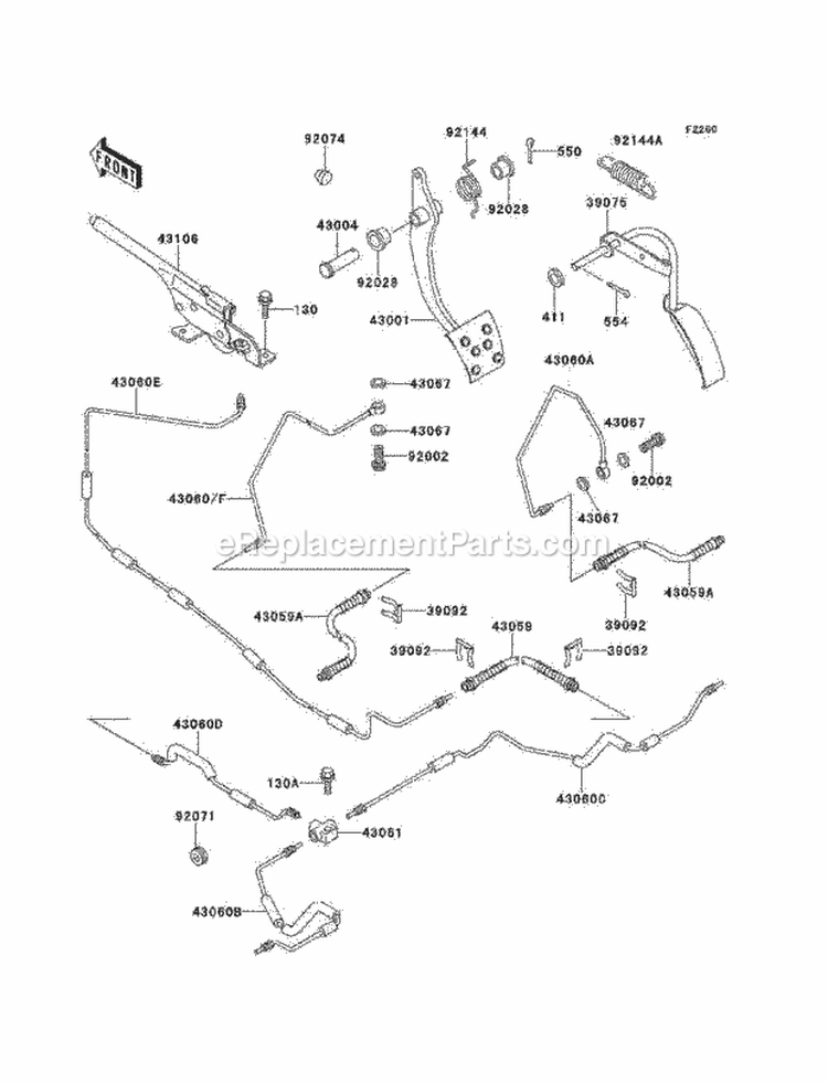 Brake Pedal/Throttle Lever Diagram and Parts List for KAF300-B2  Kawasaki 