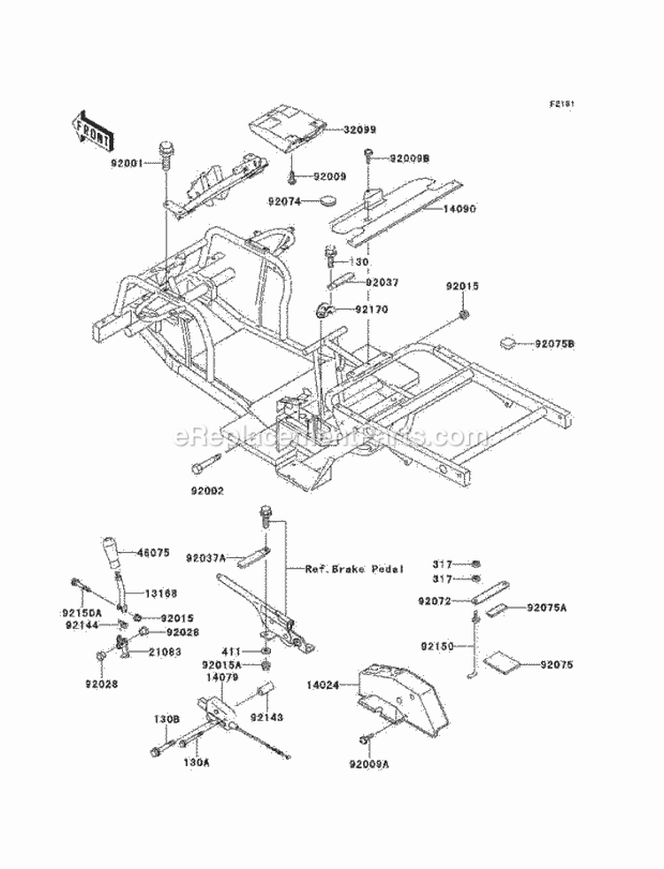 Frame Fittings Diagram and Parts List for KAF300-B1  Kawasaki 
