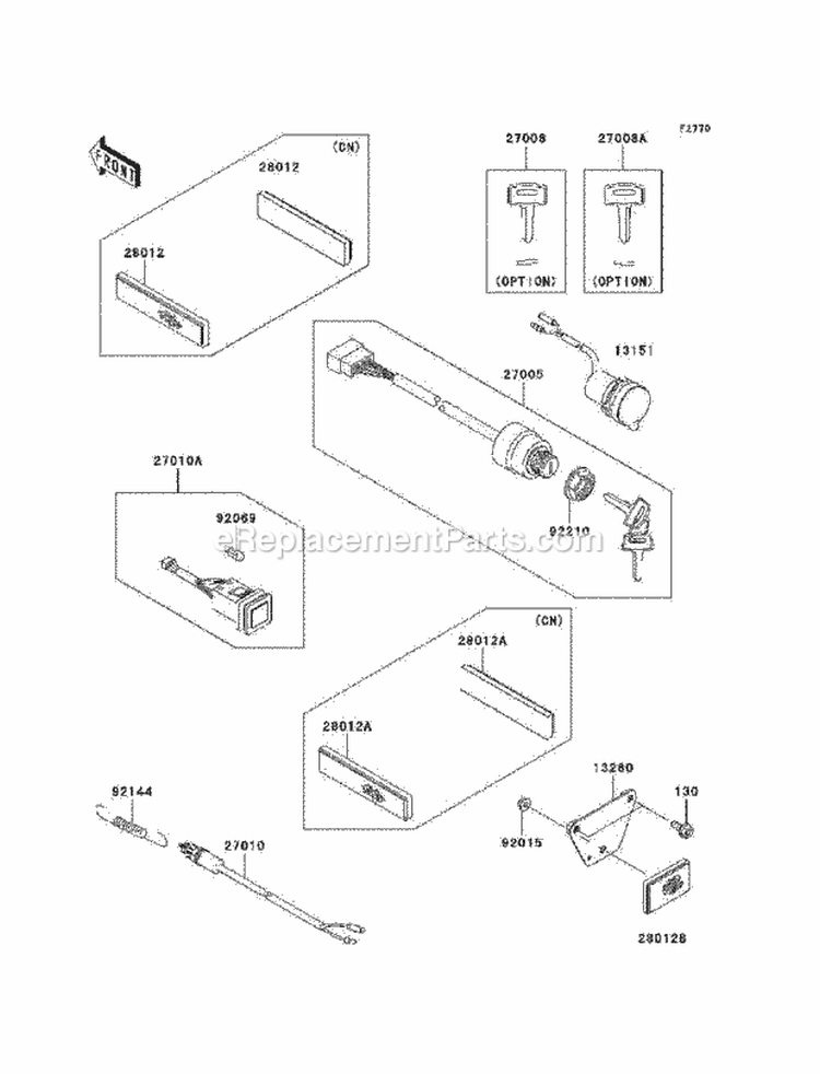 Ignition Switch Diagram and Parts List for KAF400-A1 2005 Kawasaki 