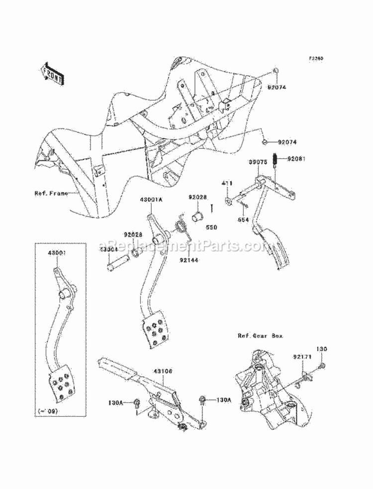 Brake Pedal/Throttle Lever Diagram and Parts List for KAF400-AAF 2010 Kawasaki 