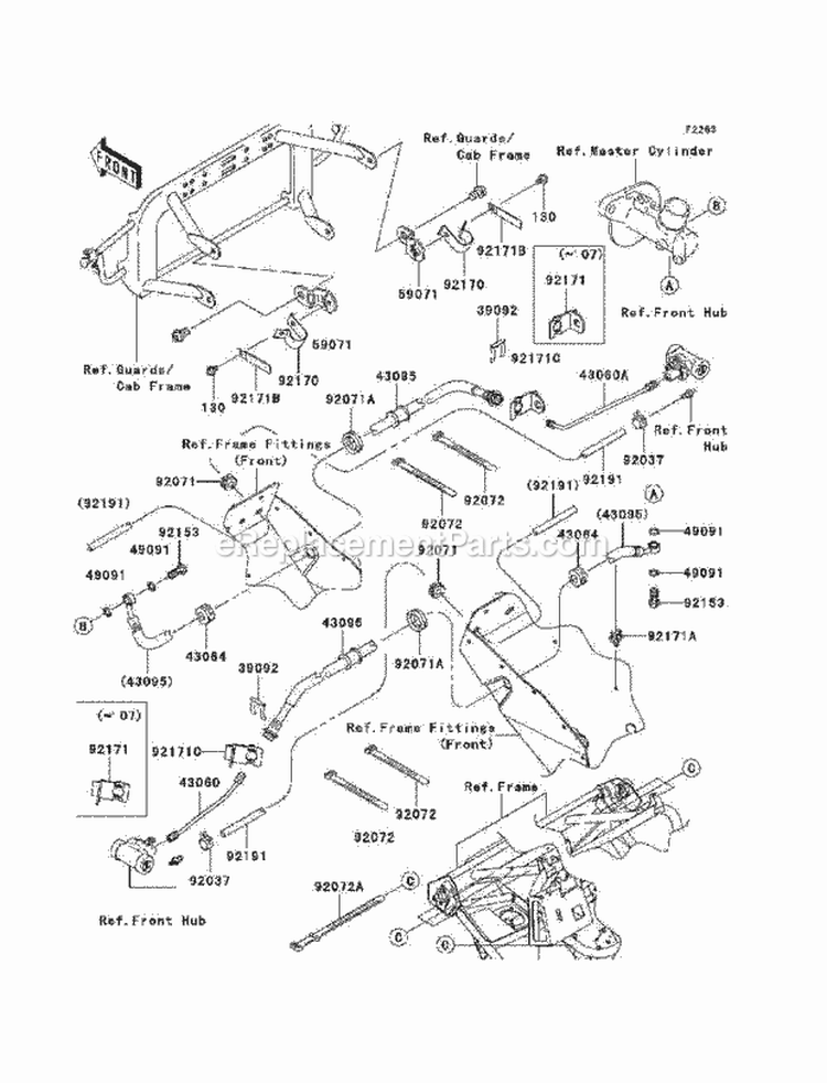 Front Brake Piping Diagram and Parts List for KAF400-AAF 2010 Kawasaki 
