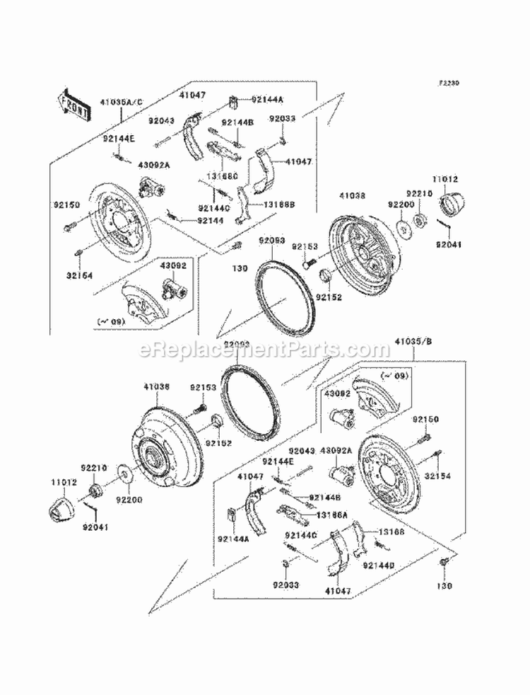 Front Hubs/Brakes Diagram and Parts List for KAF400-AAF 2010 Kawasaki 