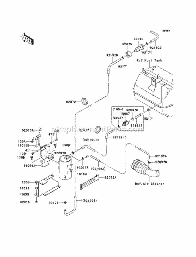Fuel Evaporative System Diagram and Parts List for KAF400-AAF 2010 Kawasaki 