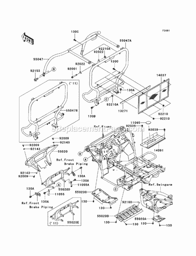 Guards/Cab Frame Diagram and Parts List for KAF400-ACF 2012 Kawasaki 