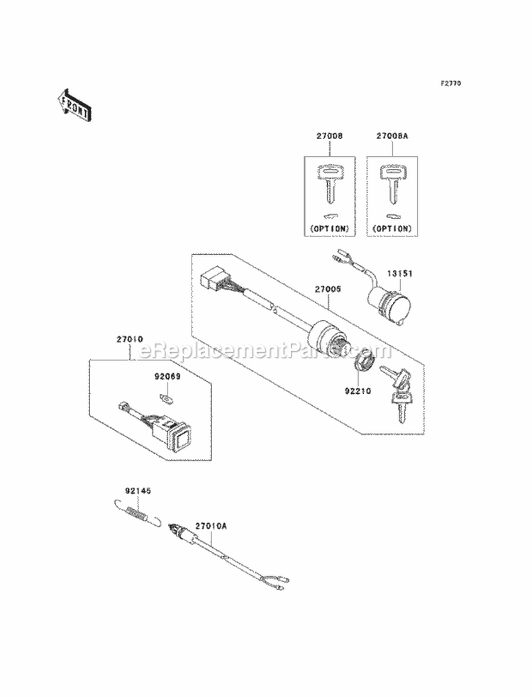 Ignition Switch Diagram and Parts List for KAF400-ACF 2012 Kawasaki 