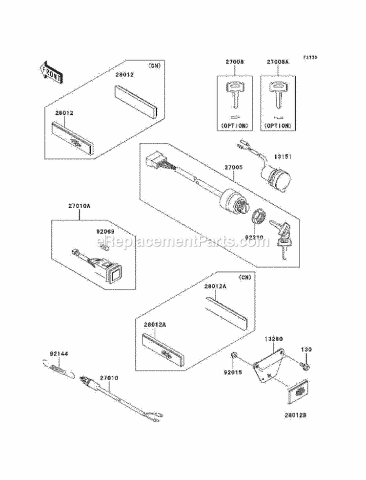 Ignition Switch Diagram and Parts List for KAF400-B1 2005 Kawasaki 