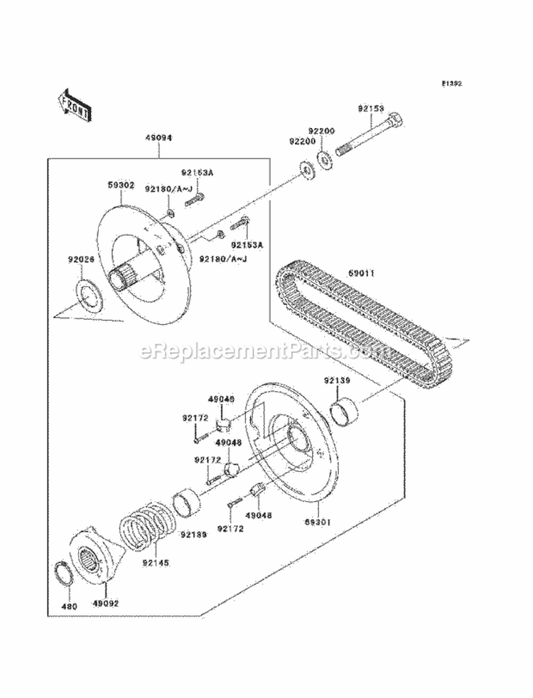Driven Converter/Drive Belt Diagram and Parts List for KAF400-B1 2005 Kawasaki 