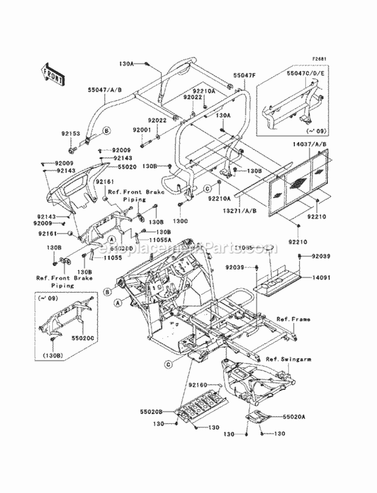 Guards/Cab Frame Diagram and Parts List for KAF400-BAF 2010 Kawasaki 