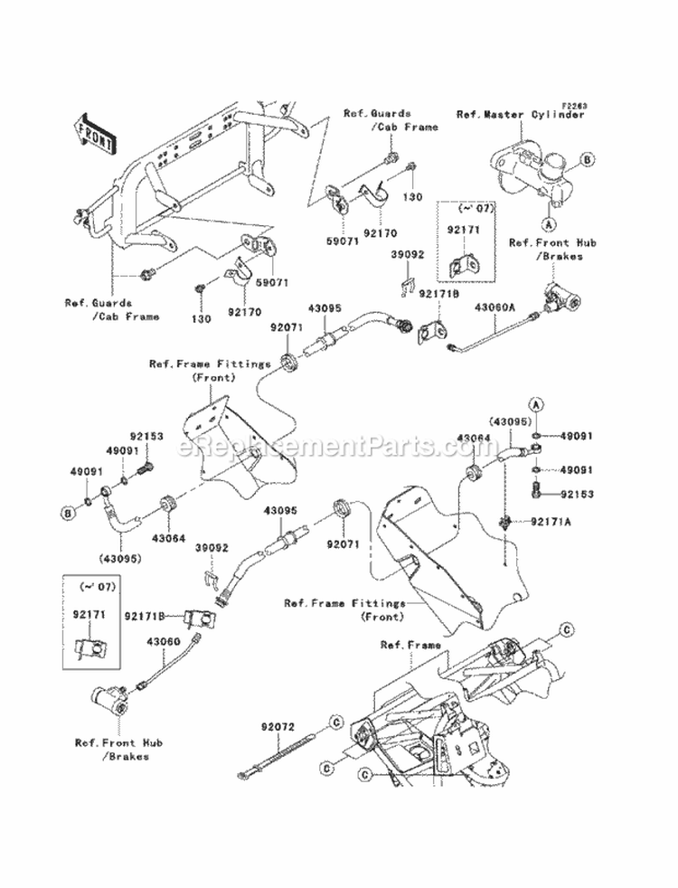 Front Brake Piping Diagram and Parts List for KAF400-B8F 2008 Kawasaki 