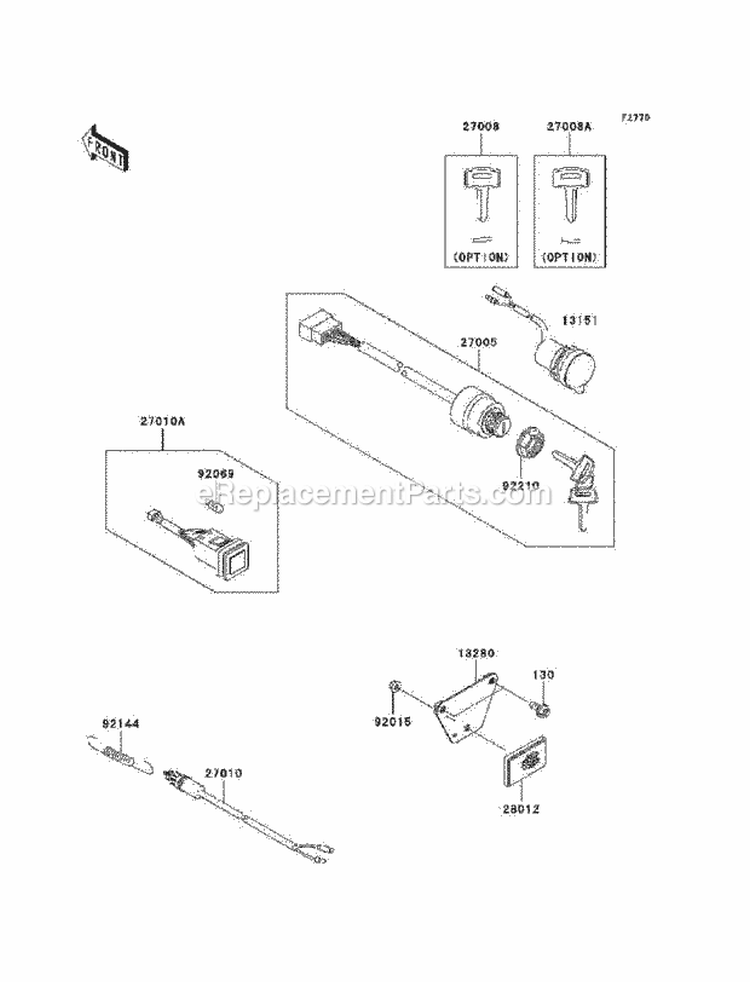 Ignition Switch Diagram and Parts List for KAF400-C1 2005 Kawasaki 