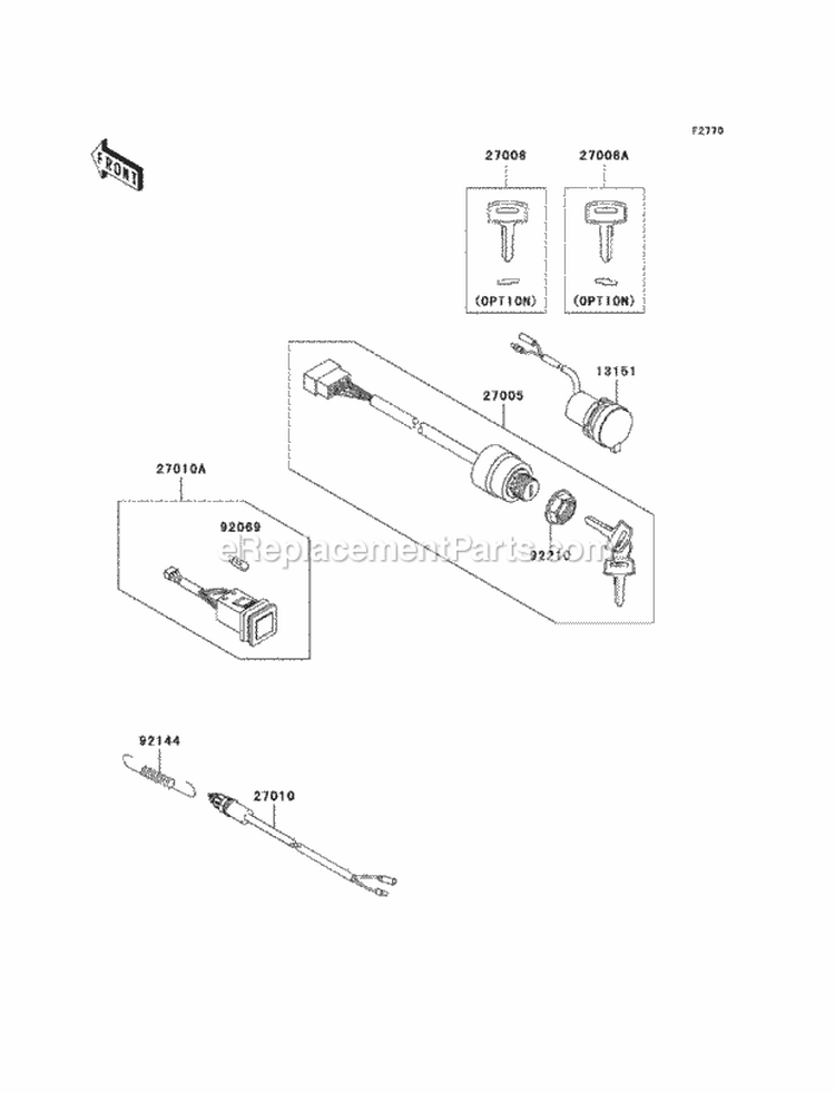 Ignition Switch Diagram and Parts List for KAF400-C8F 2008 Kawasaki 