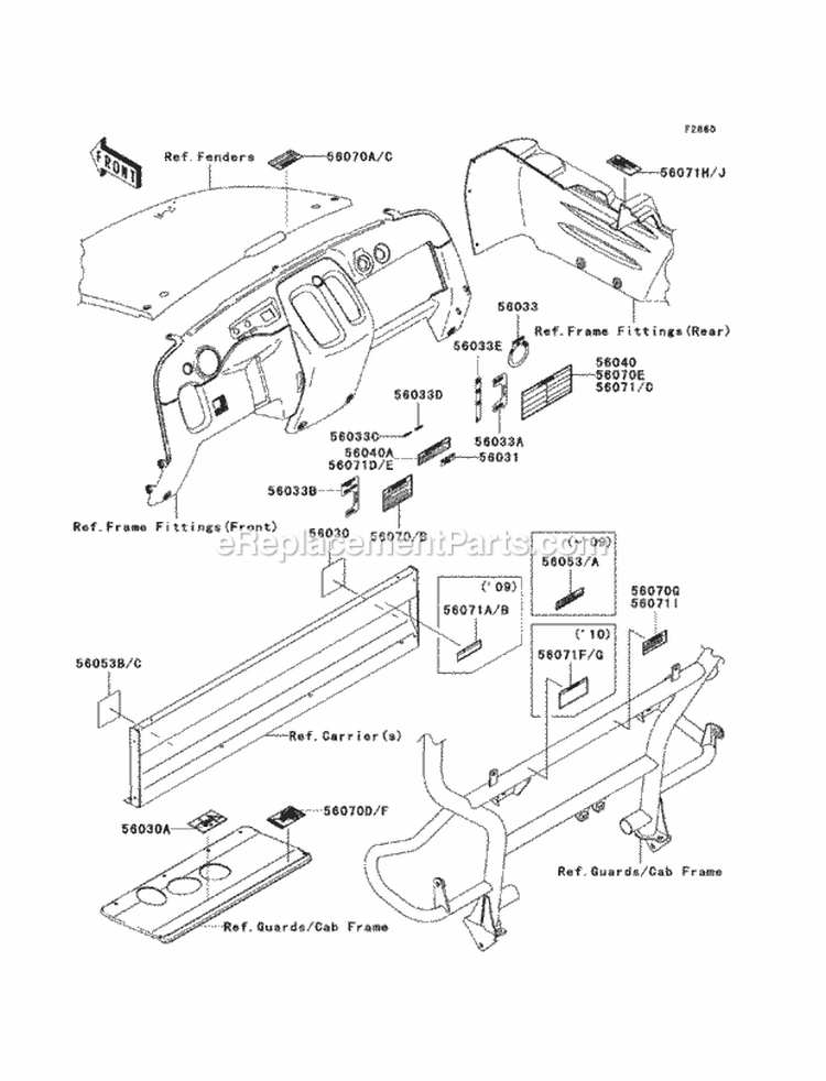 Labels Diagram and Parts List for KAF400-CAF 2010 Kawasaki 