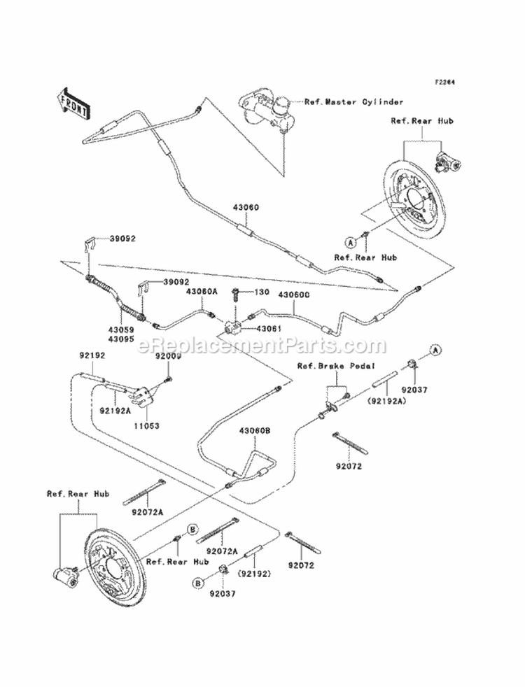 Rear Brake Piping Diagram and Parts List for KAF400-CAF 2010 Kawasaki 