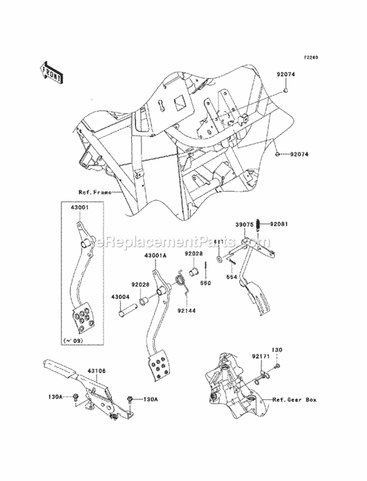 Brake Pedal/Throttle Lever Diagram and Parts List for KAF400-CAF 2010 Kawasaki 