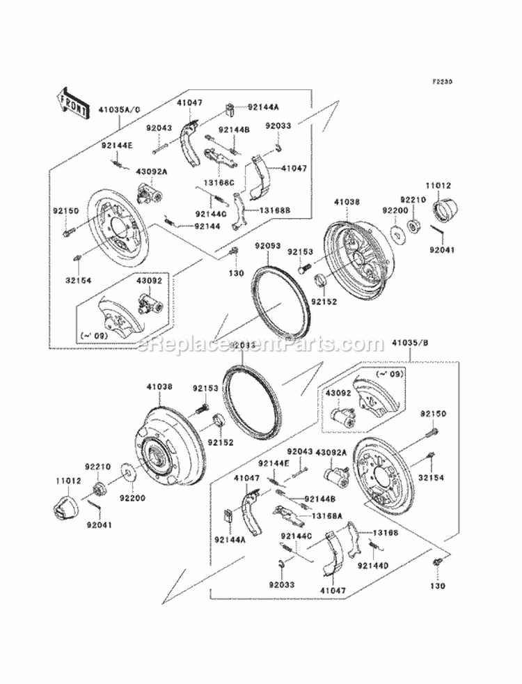 Front Hubs/Brakes Diagram and Parts List for KAF400-CAF 2010 Kawasaki 