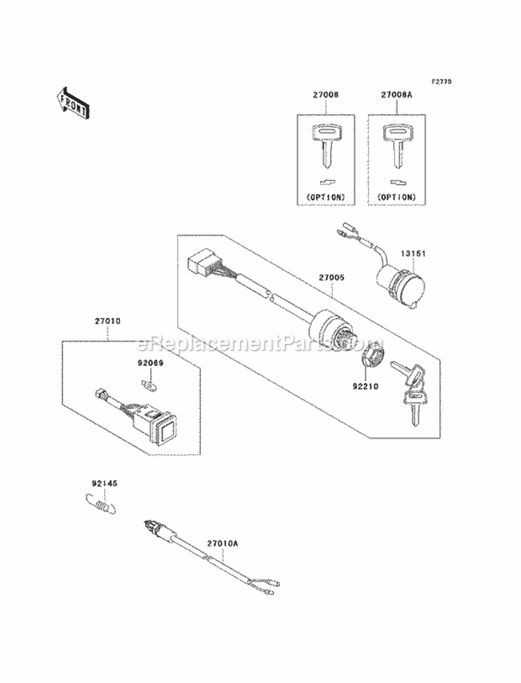 Ignition Switch Diagram and Parts List for KAF400-ABF 2011 Kawasaki 