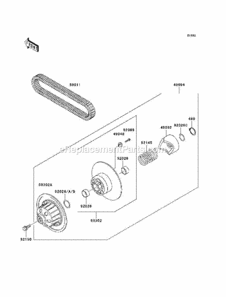 Driven Converter/Drive Belt Diagram and Parts List for KAF620-E8F 2008 Kawasaki 