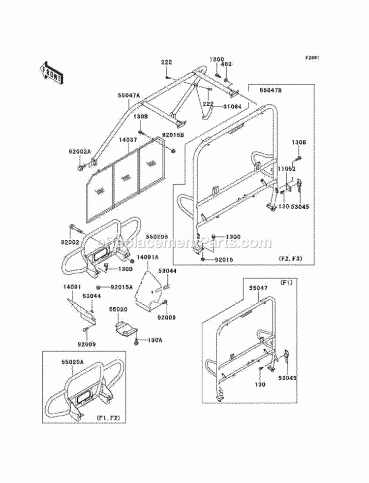 Guards/Cab Frame Diagram and Parts List for KAF620-F2  Kawasaki 