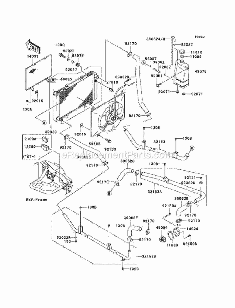 Radiator Diagram and Parts List for KAF620-G7F 2007 Kawasaki 