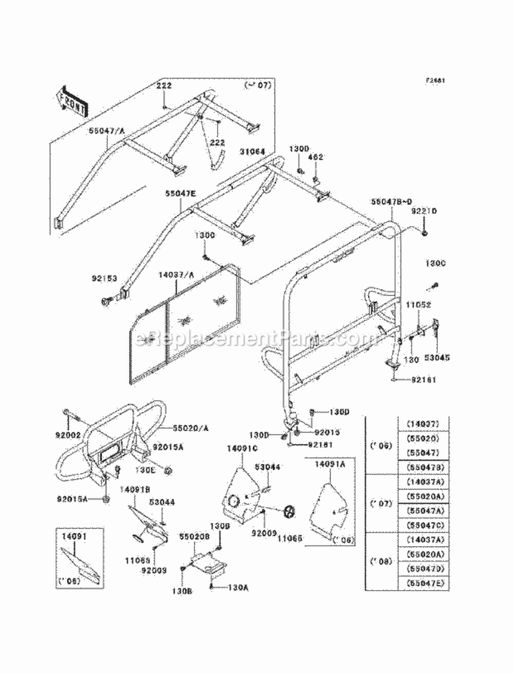 Guards/Cab Frame Diagram and Parts List for KAF620-G8F 2008 Kawasaki 