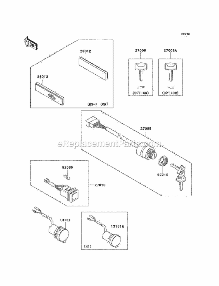 Ignition Switch Diagram and Parts List for KAF620-H3  Kawasaki 