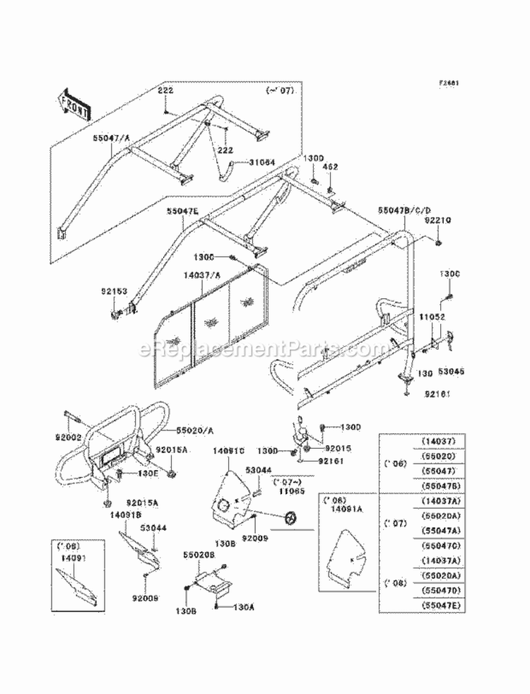 Guards/Cab Frame Diagram and Parts List for KAF620-H7F 2007 Kawasaki 