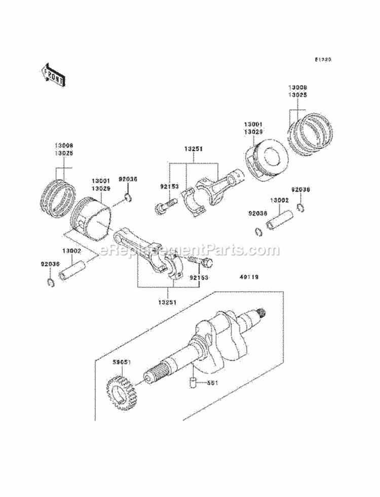 Crankshaft/Pistons Diagram and Parts List for KAF620-H7F 2007 Kawasaki 