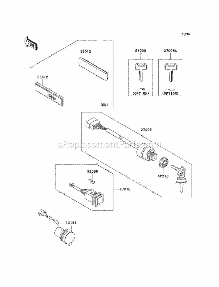 Ignition Switch Diagram and Parts List for KAF620-H6F 2006 Kawasaki 