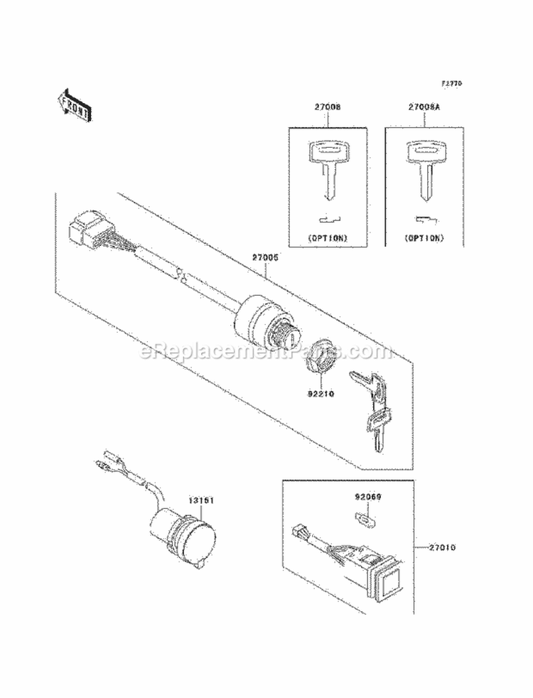 Ignition Switch Diagram and Parts List for KAF620-K7F 2007 Kawasaki 