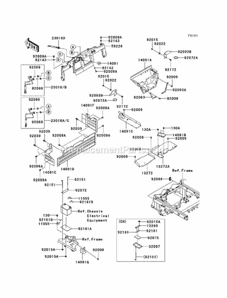 Frame Fittings Diagram and Parts List for KAF620-MAF 2010 Kawasaki 
