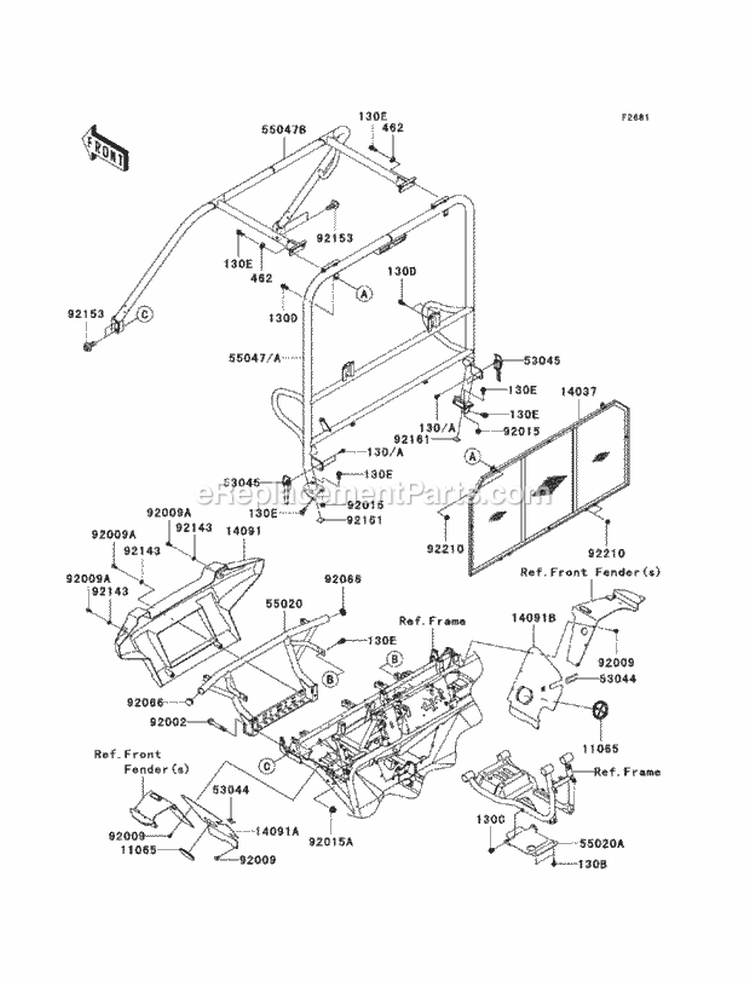 Guards/Cab Frame Diagram and Parts List for KAF620-MCF 2012 Kawasaki 