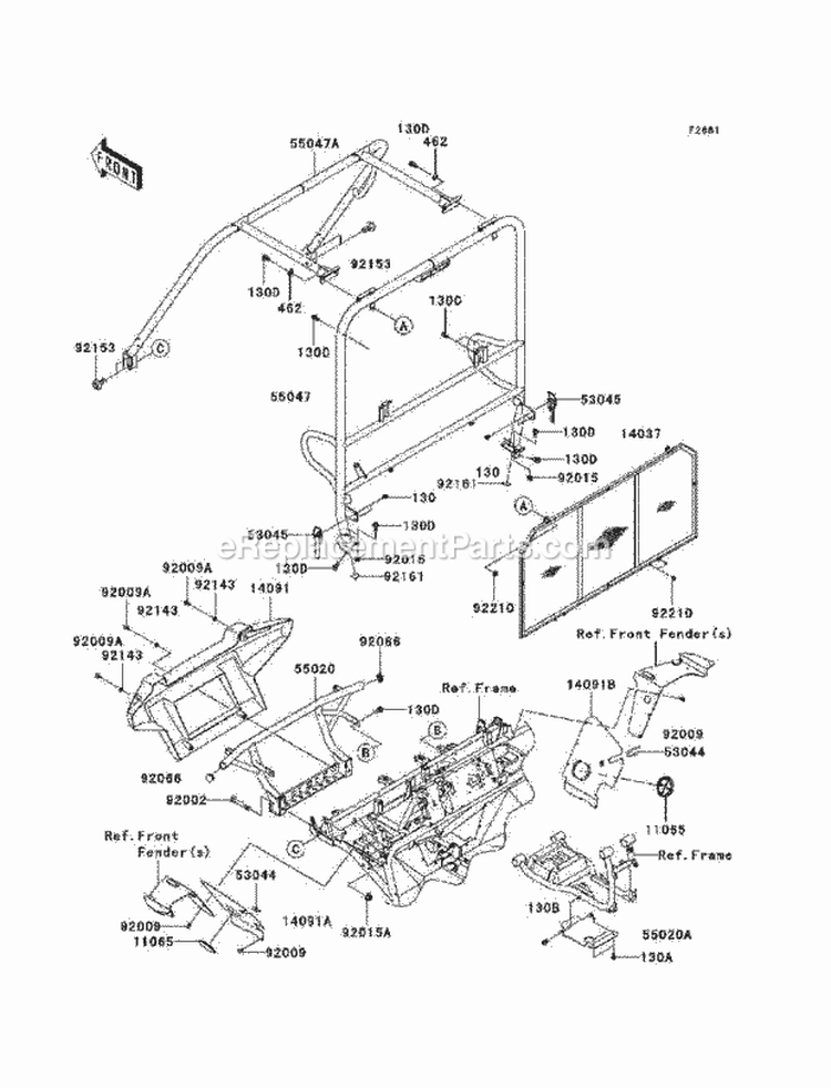 Guards/Cab Frame Diagram and Parts List for KAF620-N9F 2009 Kawasaki 