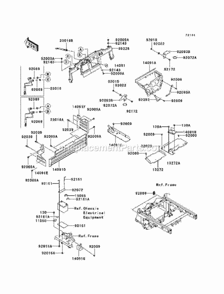 Frame Fittings Diagram and Parts List for KAF620-N9F 2009 Kawasaki 