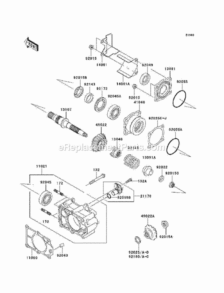 Bevel Gear Case Diagram and Parts List for KAF620-N9F 2009 Kawasaki 