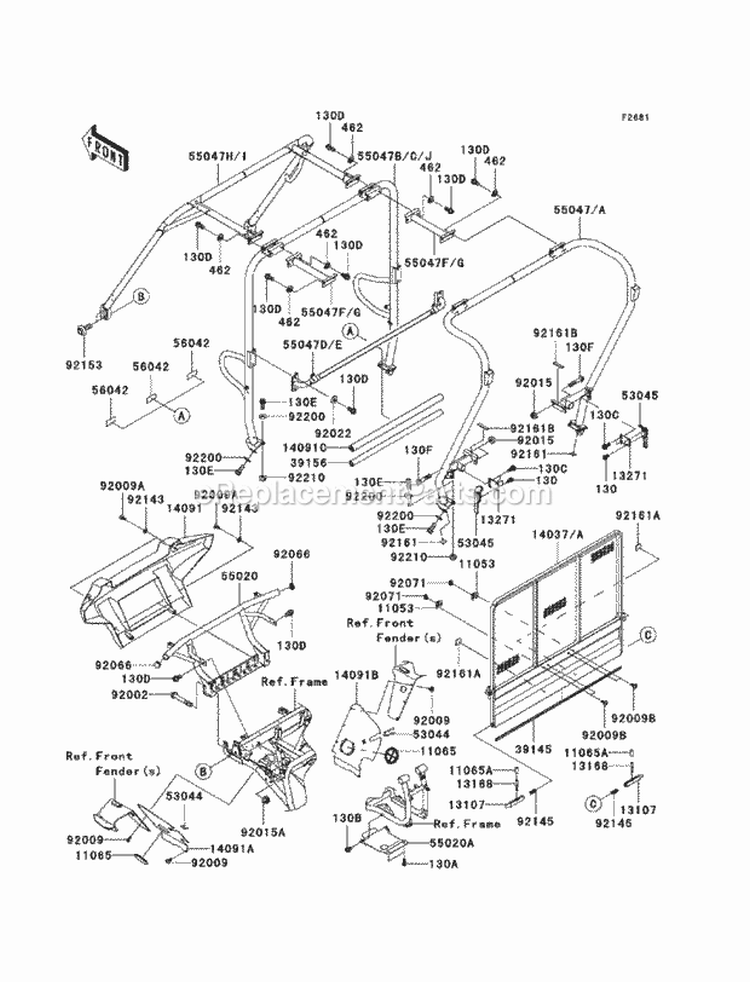 Guards/Cab Frame Diagram and Parts List for KAF620-RBFA 2011 Kawasaki 
