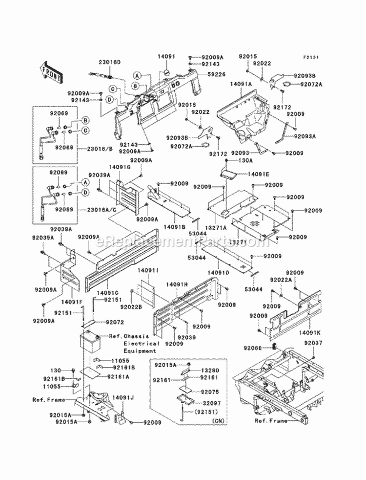 Frame Fittings Diagram and Parts List for KAF620-RBFA 2011 Kawasaki 