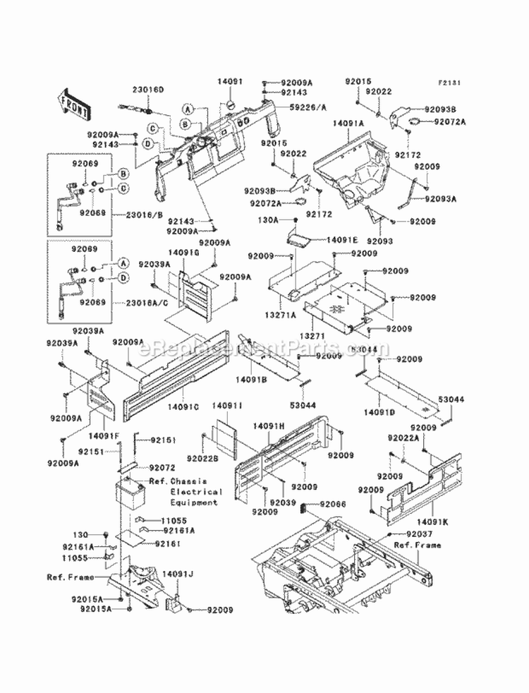 Frame Fittings Diagram and Parts List for KAF620-SBF 2011 Kawasaki 