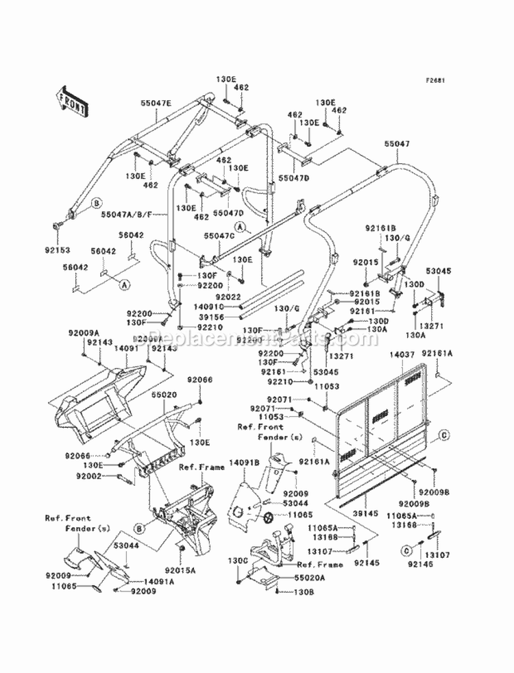 Guards/Cab Frame Diagram and Parts List for KAF620-SCF 2012 Kawasaki 